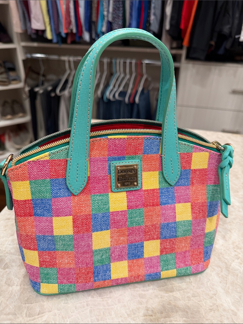 Dooney & Bourke Multicolor Checker Satchel with Turquoise Handles